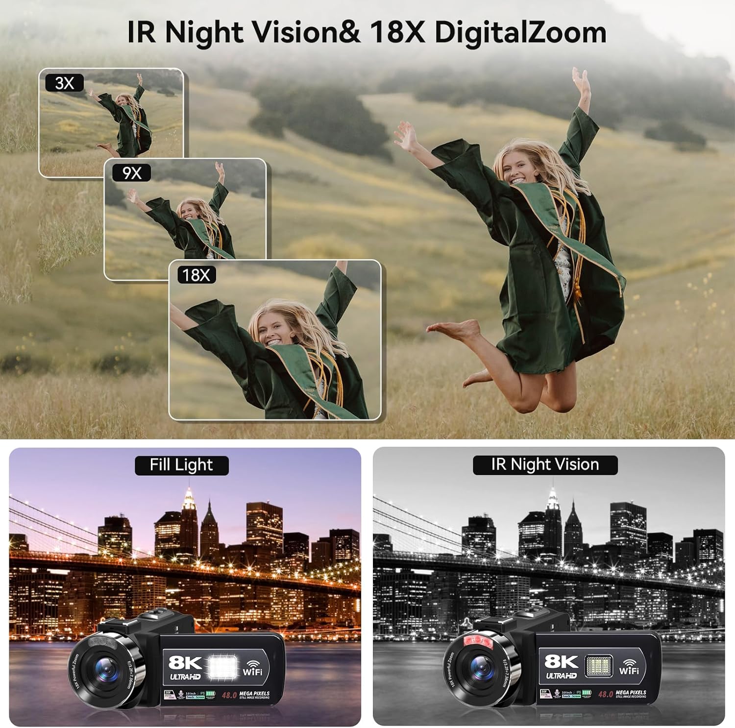 Video Camera, 8K Camcorder 48MP 15FPS UHD WiFi Vlogging Camera with IR Night Vision for YouTube, 3" Touch Screen 18X Digital Zoom, with Fill Light, Mic, Stabilizer, Lens Hood, Remote and 2 Batteries - Image 3