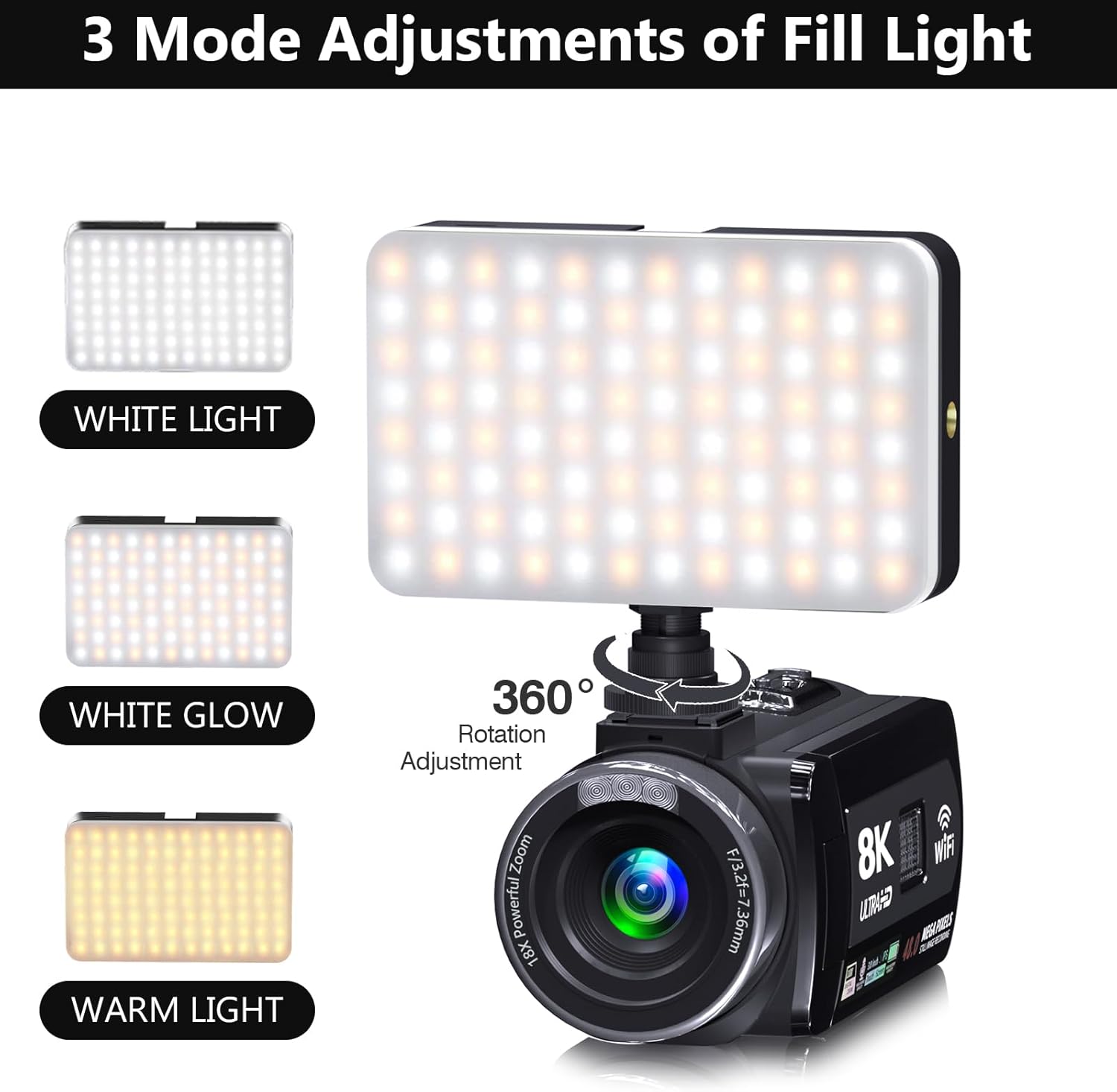 Video Camera, 8K Camcorder 48MP 15FPS UHD WiFi Vlogging Camera with IR Night Vision for YouTube, 3" Touch Screen 18X Digital Zoom, with Fill Light, Mic, Stabilizer, Lens Hood, Remote and 2 Batteries - Image 6